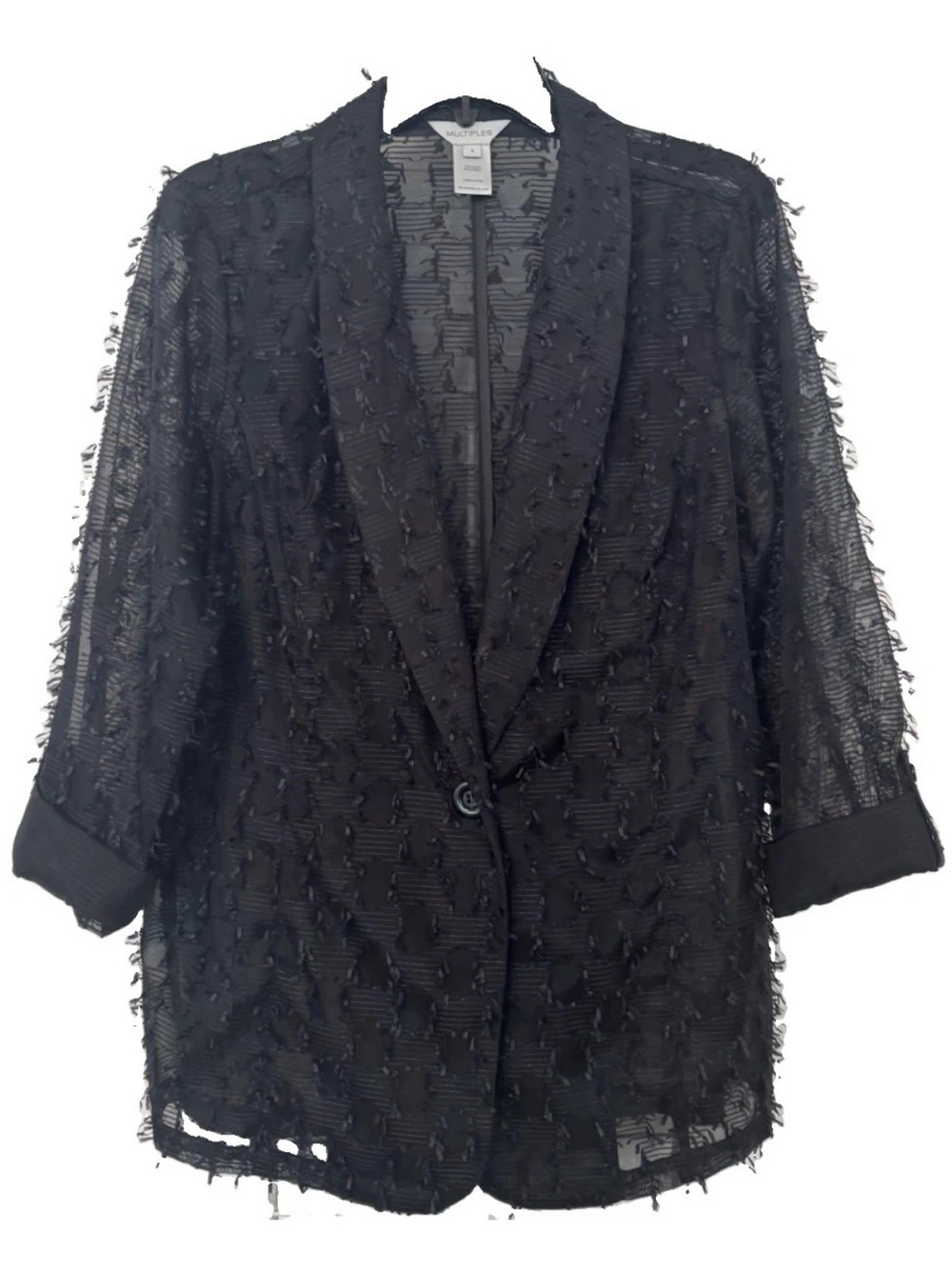 Multiples Black Sheer 3D Fringe Clip Jacquard Textured Buttoned Blazer Jacket